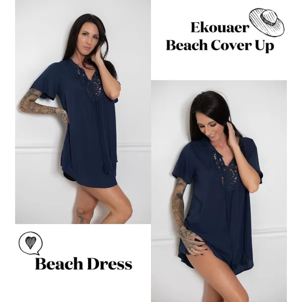 Ekouaer Swimsuit Cover Ups for Women Lace Crochet VNeck Bikini Beach Coverups Dress for Swimwear Bathing Suit00navy Blue