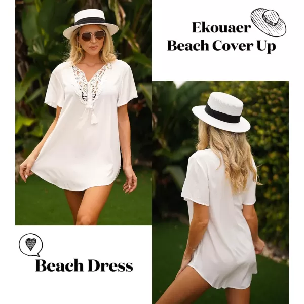 Ekouaer Swimsuit Cover Ups for Women Lace Crochet VNeck Bikini Beach Coverups Dress for Swimwear Bathing Suit00white