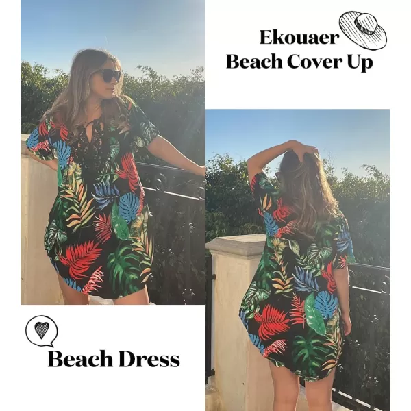 Ekouaer Swimsuit Cover Ups for Women Lace Crochet VNeck Bikini Beach Coverups Dress for Swimwear Bathing Suit01black Leaf