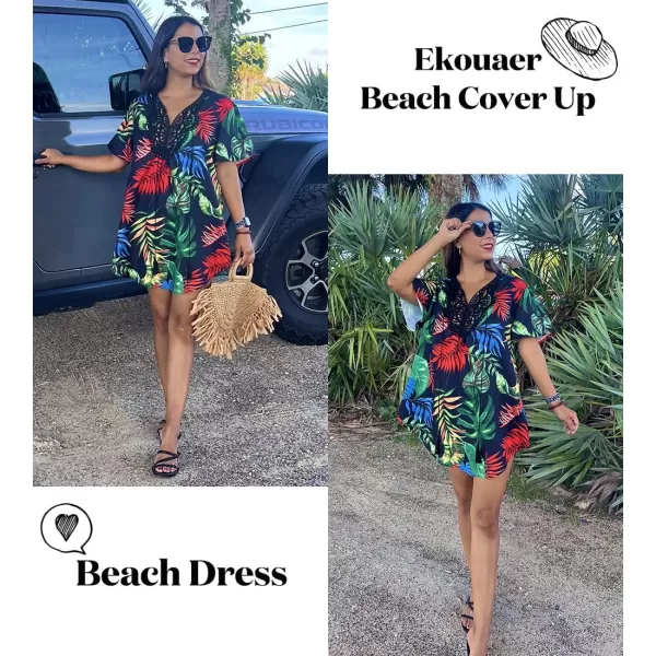 Ekouaer Swimsuit Cover Ups for Women Lace Crochet VNeck Bikini Beach Coverups Dress for Swimwear Bathing Suit01black Leaf