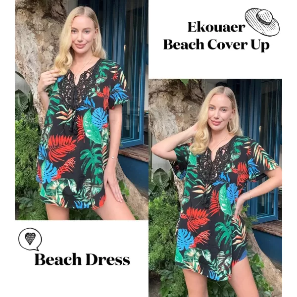 Ekouaer Swimsuit Cover Ups for Women Lace Crochet VNeck Bikini Beach Coverups Dress for Swimwear Bathing Suit01black Leaf