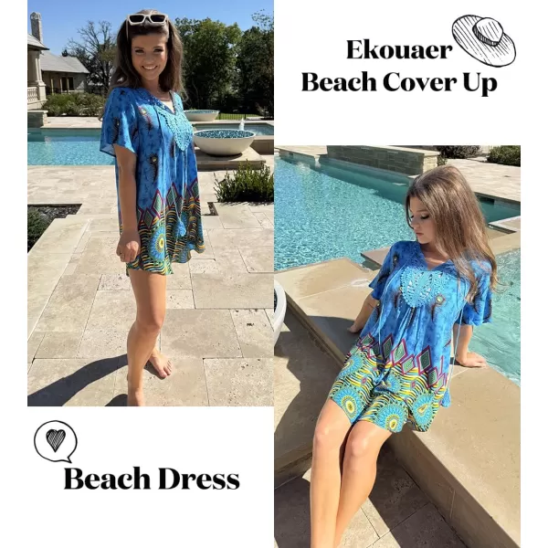 Ekouaer Swimsuit Cover Ups for Women Lace Crochet VNeck Bikini Beach Coverups Dress for Swimwear Bathing Suit03blue Boho Print