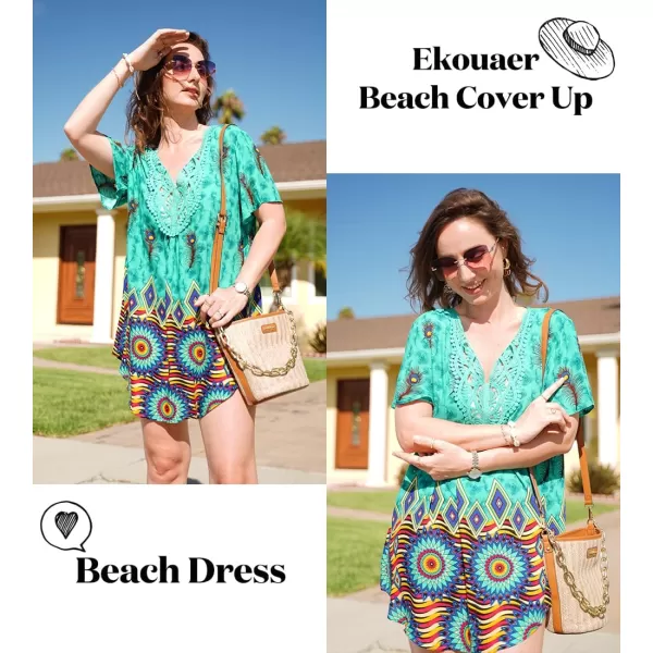 Ekouaer Swimsuit Cover Ups for Women Lace Crochet VNeck Bikini Beach Coverups Dress for Swimwear Bathing Suit03green Boho Print