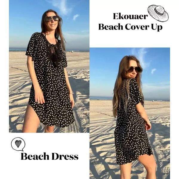 Ekouaer Swimsuit Cover Ups for Women Lace Crochet VNeck Bikini Beach Coverups Dress for Swimwear Bathing SuitBblack Polka Dots