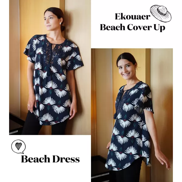 Ekouaer Swimsuit Cover Ups for Women Lace Crochet VNeck Bikini Beach Coverups Dress for Swimwear Bathing SuitDark Blue Floral Print