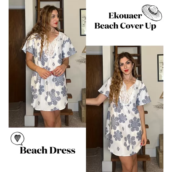 Ekouaer Swimsuit Cover Ups for Women Lace Crochet VNeck Bikini Beach Coverups Dress for Swimwear Bathing SuitNavy Mandala