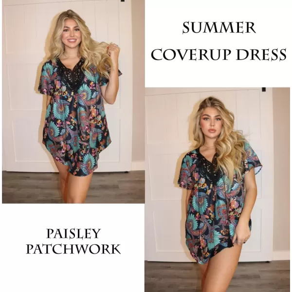 Ekouaer Swimsuit Cover Ups for Women Lace Crochet VNeck Bikini Beach Coverups Dress for Swimwear Bathing SuitPaisley Patchwork