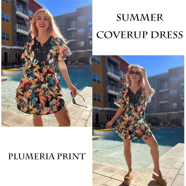 Ekouaer Swimsuit Cover Ups for Women Lace Crochet VNeck Bikini Beach Coverups Dress for Swimwear Bathing SuitPlumeria Print