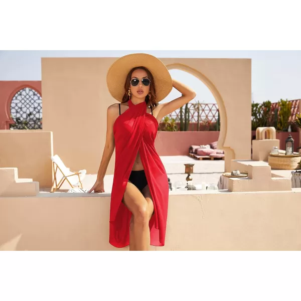 Ekouaer Women Sarong Swimsuit Coverups Chiffon Long Bikini Wraps Sheer Beach Bathing Suit Cover UpRed