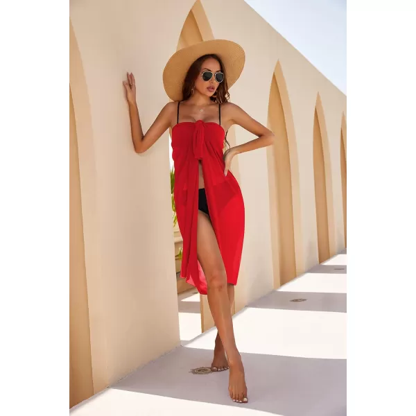 Ekouaer Women Sarong Swimsuit Coverups Chiffon Long Bikini Wraps Sheer Beach Bathing Suit Cover UpRed