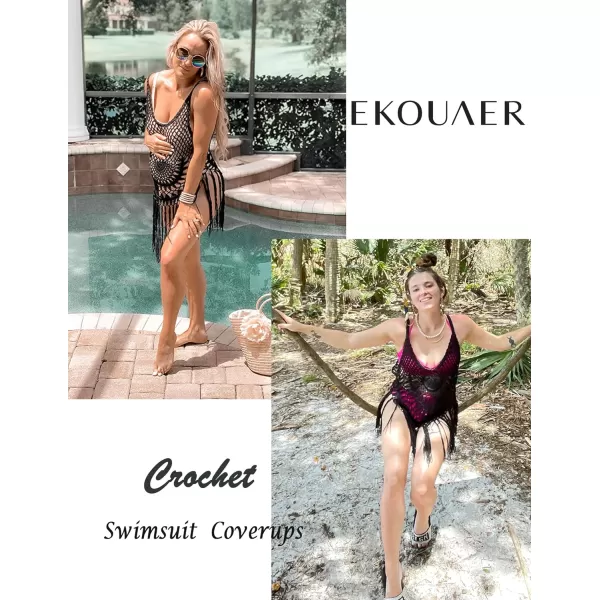 Ekouaer Women Swimsuit Cover Up Crochet Swim Coverups Sexy Hollow Out Swimwear Tassel DressLight Black