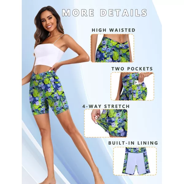Ekouaer Womens 85quot Board Shorts High Waisted Swimsuit Bottoms Cross Waist Beach Surf Swimwear with Pocket S3XLGreen Leaves