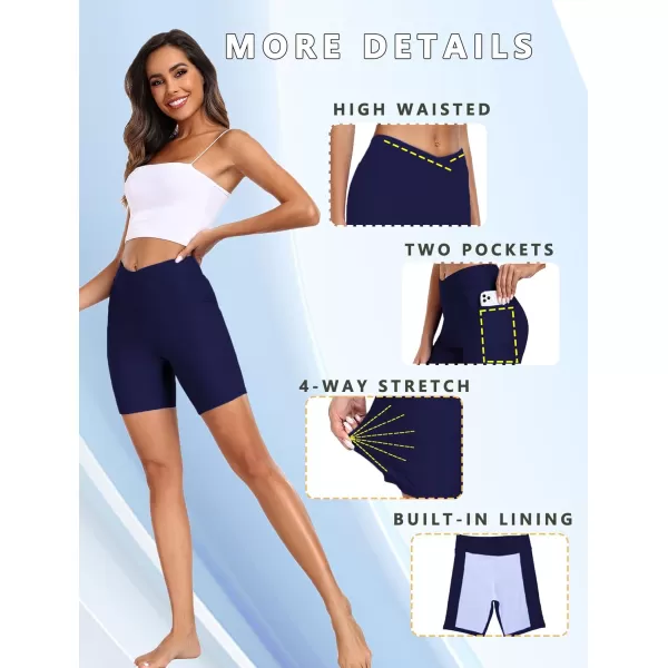 Ekouaer Womens 85quot Board Shorts High Waisted Swimsuit Bottoms Cross Waist Beach Surf Swimwear with Pocket S3XLNavy Blue