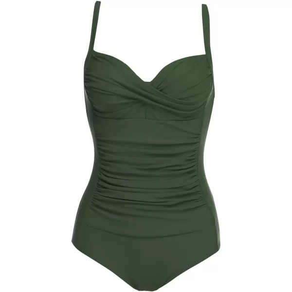 Ekouaer Womens One Piece Swimsuit Ruched Tummy Control Bathing Suits Vintage Retro Push Up SwimwearArmy Green