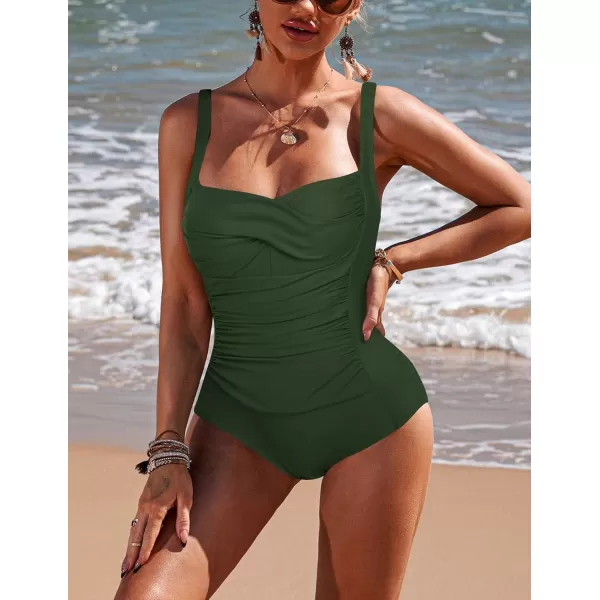 Ekouaer Womens One Piece Swimsuit Ruched Tummy Control Bathing Suits Vintage Retro Push Up SwimwearArmy Green