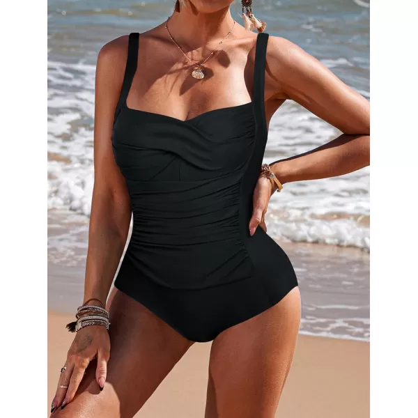 Ekouaer Womens One Piece Swimsuit Ruched Tummy Control Bathing Suits Vintage Retro Push Up SwimwearBlack