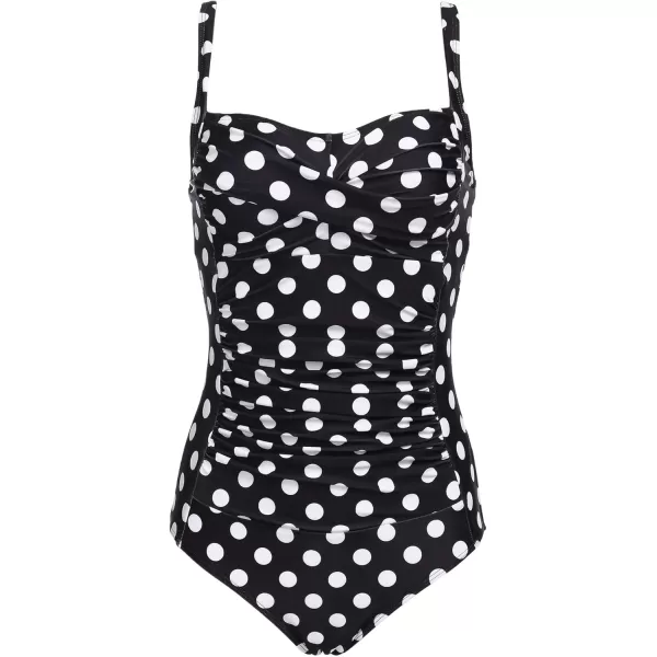 Ekouaer Womens One Piece Swimsuit Ruched Tummy Control Bathing Suits Vintage Retro Push Up SwimwearBlack With White Dots