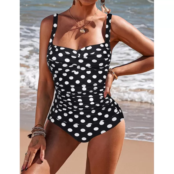 Ekouaer Womens One Piece Swimsuit Ruched Tummy Control Bathing Suits Vintage Retro Push Up SwimwearBlack With White Dots