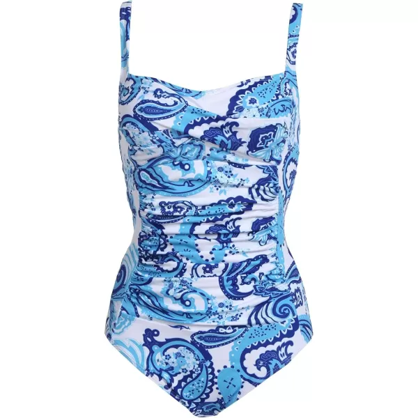 Ekouaer Womens One Piece Swimsuit Ruched Tummy Control Bathing Suits Vintage Retro Push Up SwimwearBlue Pattern