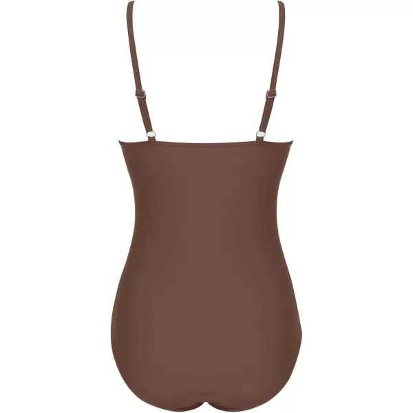 Ekouaer Womens One Piece Swimsuit Ruched Tummy Control Bathing Suits Vintage Retro Push Up SwimwearBrown