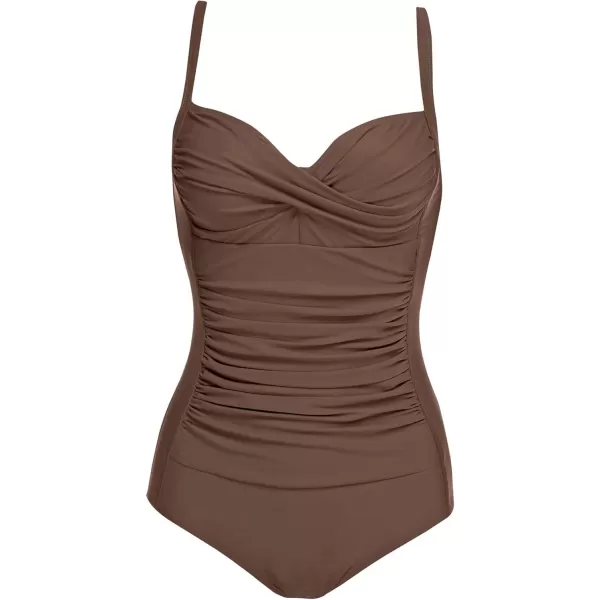 Ekouaer Womens One Piece Swimsuit Ruched Tummy Control Bathing Suits Vintage Retro Push Up SwimwearBrown