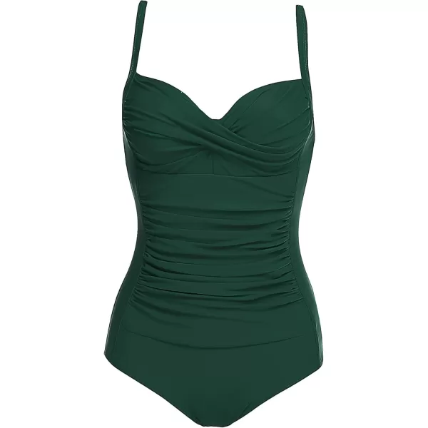 Ekouaer Womens One Piece Swimsuit Ruched Tummy Control Bathing Suits Vintage Retro Push Up SwimwearDark Green