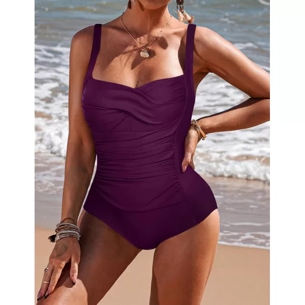 Ekouaer Womens One Piece Swimsuit Ruched Tummy Control Bathing Suits Vintage Retro Push Up SwimwearDeep Purple