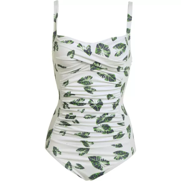 Ekouaer Womens One Piece Swimsuit Ruched Tummy Control Bathing Suits Vintage Retro Push Up SwimwearGreen Leaves