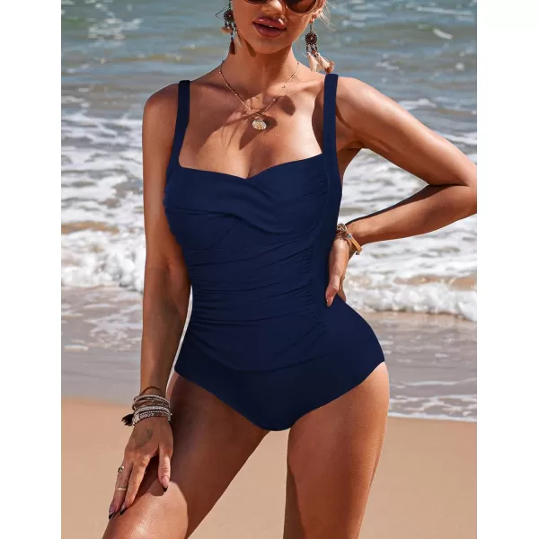 Ekouaer Womens One Piece Swimsuit Ruched Tummy Control Bathing Suits Vintage Retro Push Up SwimwearNavy Blue