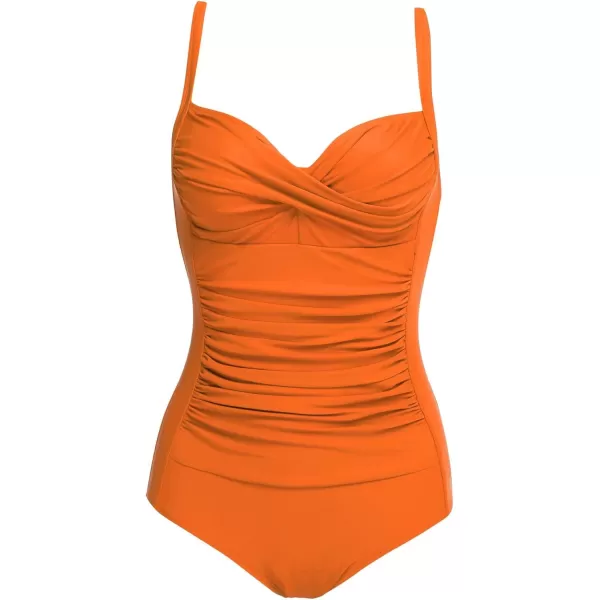 Ekouaer Womens One Piece Swimsuit Ruched Tummy Control Bathing Suits Vintage Retro Push Up SwimwearOrange