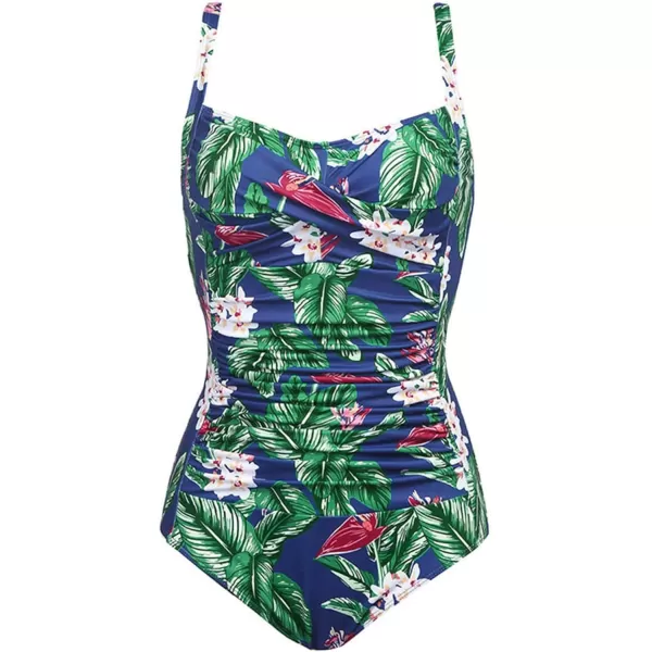 Ekouaer Womens One Piece Swimsuit Ruched Tummy Control Bathing Suits Vintage Retro Push Up SwimwearPat1 Blue Green Leaves