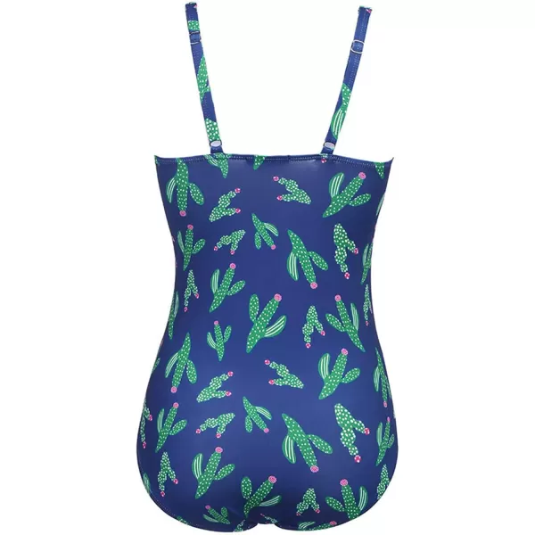 Ekouaer Womens One Piece Swimsuit Ruched Tummy Control Bathing Suits Vintage Retro Push Up SwimwearPat2 Blue Green Cacti
