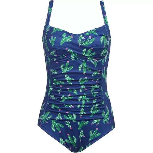Ekouaer Womens One Piece Swimsuit Ruched Tummy Control Bathing Suits Vintage Retro Push Up SwimwearPat2 Blue Green Cacti