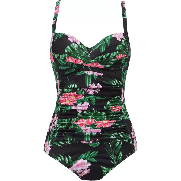 Ekouaer Womens One Piece Swimsuit Ruched Tummy Control Bathing Suits Vintage Retro Push Up SwimwearPat3 Flower Black Green