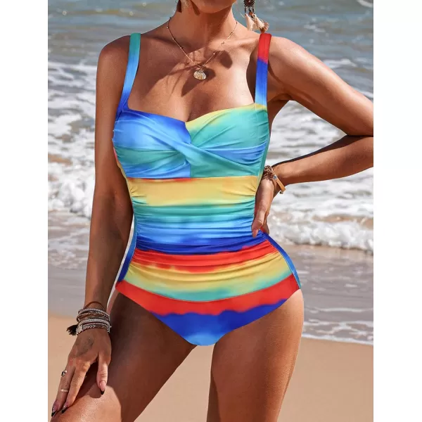 Ekouaer Womens One Piece Swimsuit Ruched Tummy Control Bathing Suits Vintage Retro Push Up SwimwearRainbow