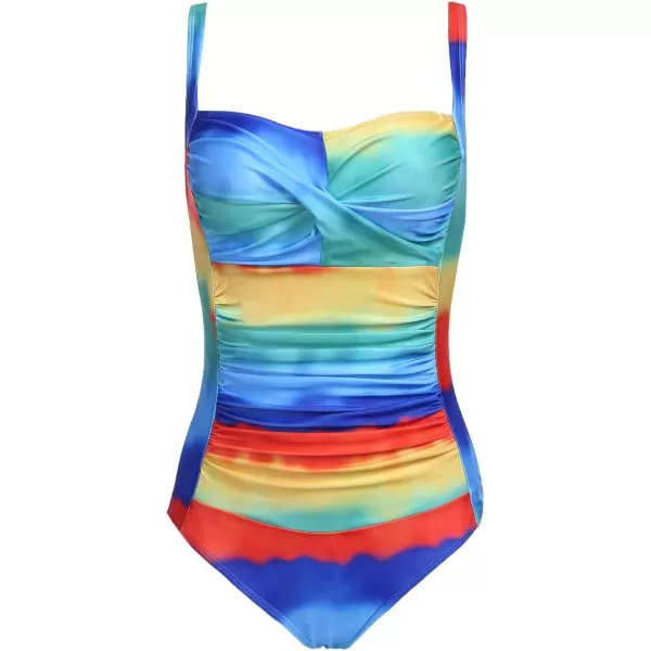 Ekouaer Womens One Piece Swimsuit Ruched Tummy Control Bathing Suits Vintage Retro Push Up SwimwearRainbow