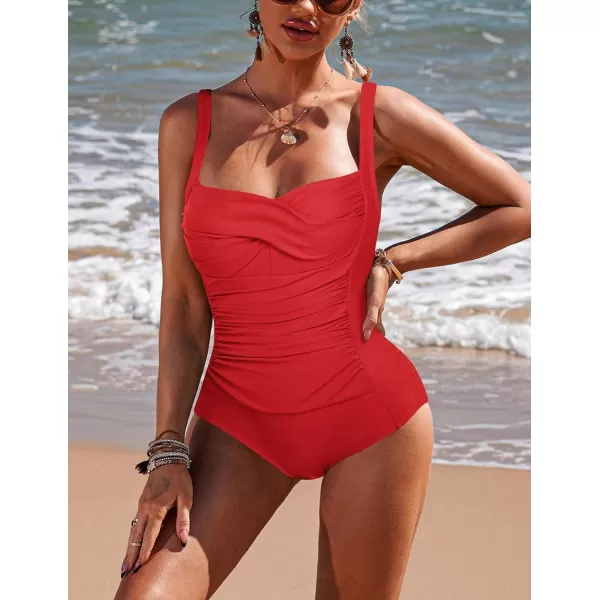 Ekouaer Womens One Piece Swimsuit Ruched Tummy Control Bathing Suits Vintage Retro Push Up SwimwearRed