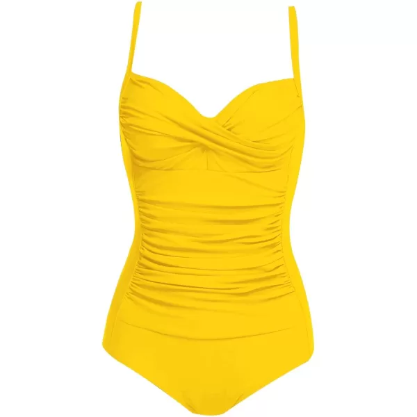 Ekouaer Womens One Piece Swimsuit Ruched Tummy Control Bathing Suits Vintage Retro Push Up SwimwearYellow