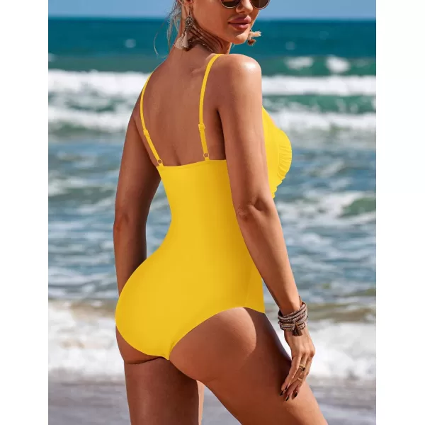 Ekouaer Womens One Piece Swimsuit Ruched Tummy Control Bathing Suits Vintage Retro Push Up SwimwearYellow