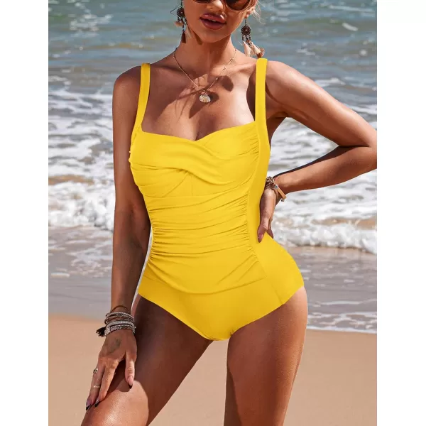 Ekouaer Womens One Piece Swimsuit Ruched Tummy Control Bathing Suits Vintage Retro Push Up SwimwearYellow