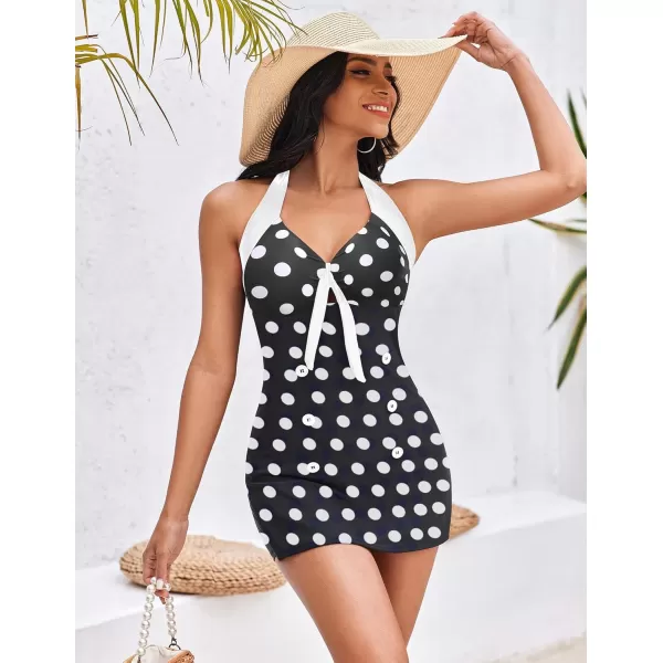 Ekouaer Womens One Piece Swimsuits Vintage Striped Skirt Bathing Suit Vintage Retro Push Up SwimwearBlack Polka Dot