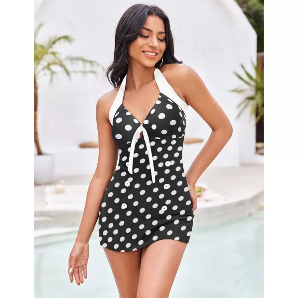 Ekouaer Womens One Piece Swimsuits Vintage Striped Skirt Bathing Suit Vintage Retro Push Up SwimwearBlack Polka Dot