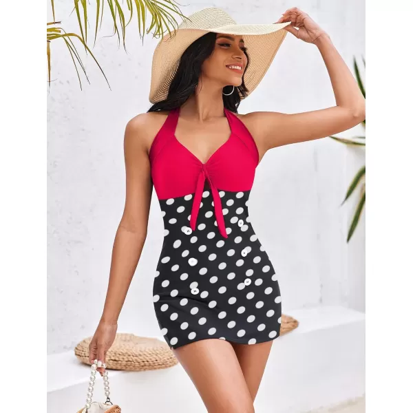 Ekouaer Womens One Piece Swimsuits Vintage Striped Skirt Bathing Suit Vintage Retro Push Up SwimwearBlack Polka Dot2