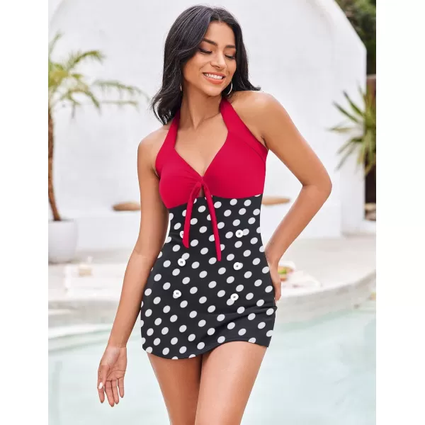 Ekouaer Womens One Piece Swimsuits Vintage Striped Skirt Bathing Suit Vintage Retro Push Up SwimwearBlack Polka Dot2