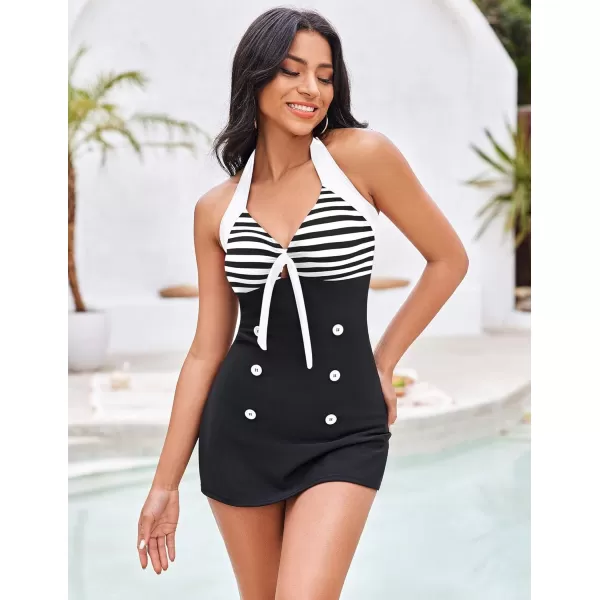 Ekouaer Womens One Piece Swimsuits Vintage Striped Skirt Bathing Suit Vintage Retro Push Up SwimwearBlack White