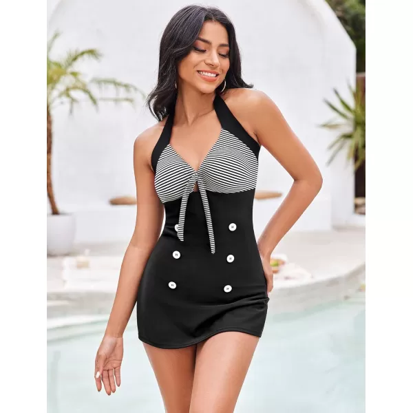 Ekouaer Womens One Piece Swimsuits Vintage Striped Skirt Bathing Suit Vintage Retro Push Up SwimwearBlack2