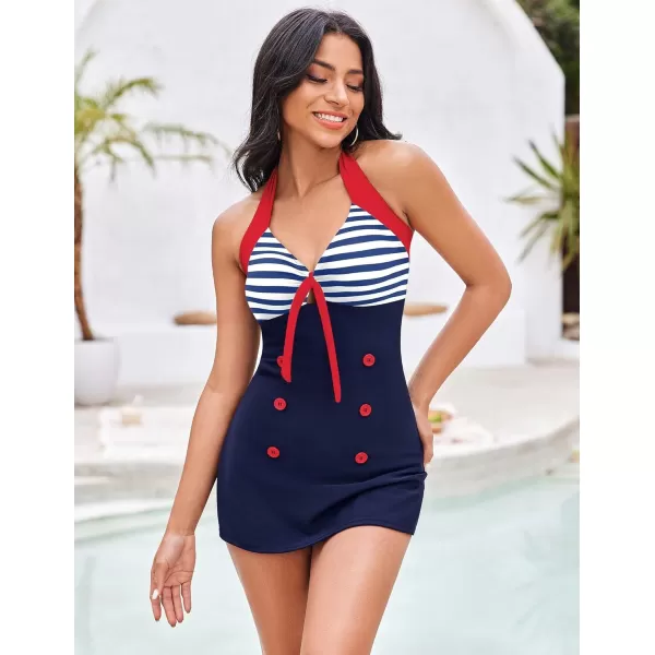 Ekouaer Womens One Piece Swimsuits Vintage Striped Skirt Bathing Suit Vintage Retro Push Up SwimwearBlue