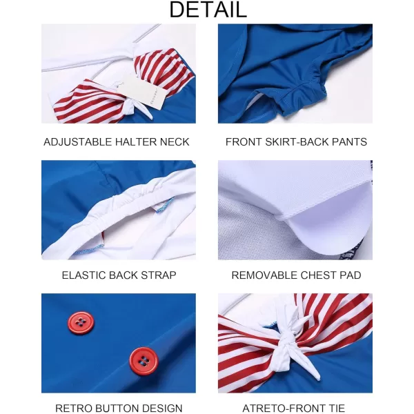 Ekouaer Womens One Piece Swimsuits Vintage Striped Skirt Bathing Suit Vintage Retro Push Up SwimwearBlue Pattern