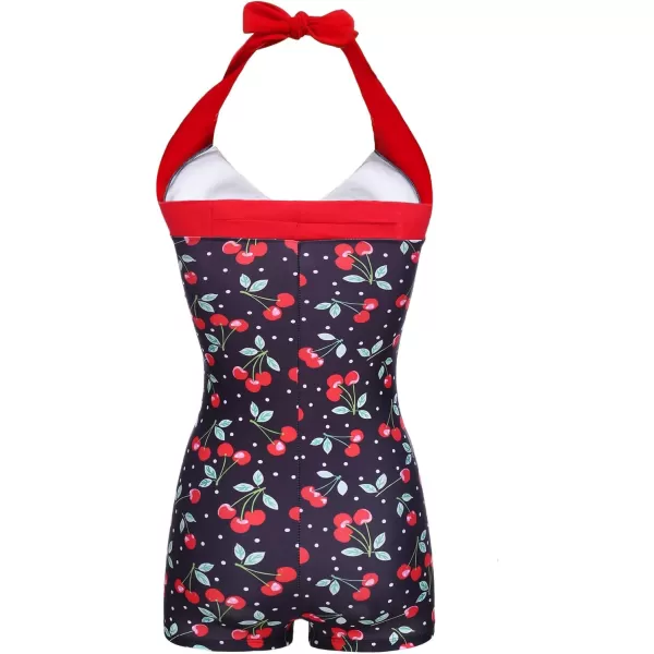 Ekouaer Womens One Piece Swimsuits Vintage Striped Skirt Bathing Suit Vintage Retro Push Up SwimwearCherry Print