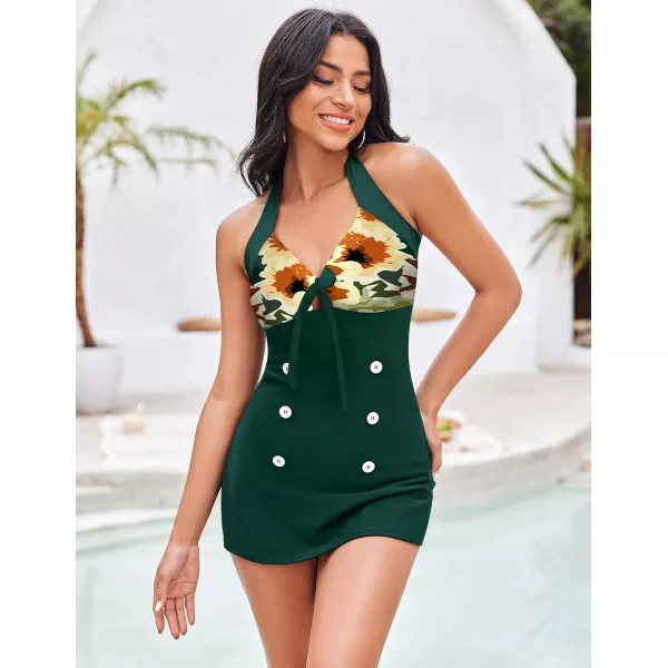 Ekouaer Womens One Piece Swimsuits Vintage Striped Skirt Bathing Suit Vintage Retro Push Up SwimwearLeaf Print